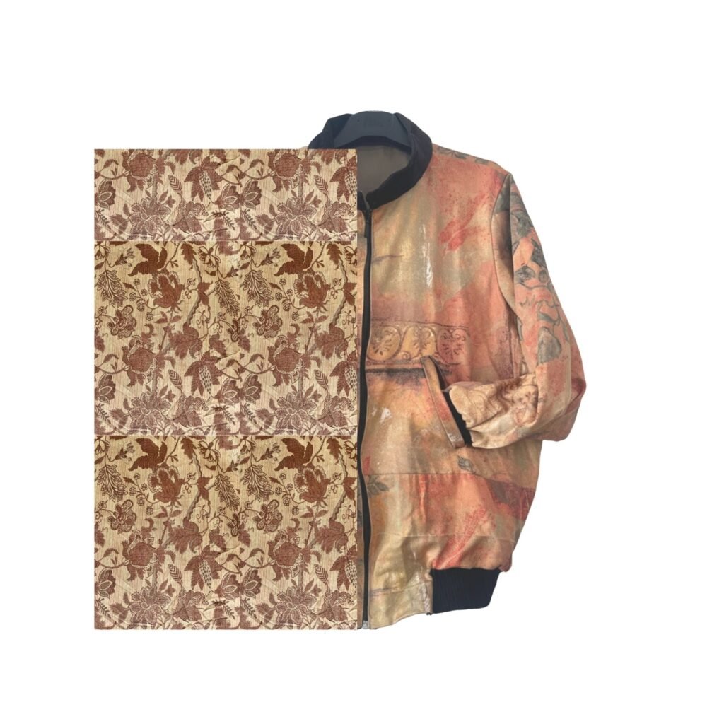 KOFAYA Signature Jacket featuring Birdflower fabric – a flowing floral textile inspired by movement and nature.