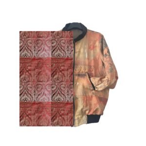KOFAYA custom jacket featuring the Ohemaa fabric – a red and gold ornamental textile inspired by royal aesthetics and cultural heritage.