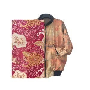Deep magenta and crimson with large, opulent blooms in white, blush and gold — the fabric reads like a ceremonial kimono brocade. Rich, intentional, completely unapologetic. Found at Kantamanto market in Accra. Sewn in Aburi, Ghana. One of one.