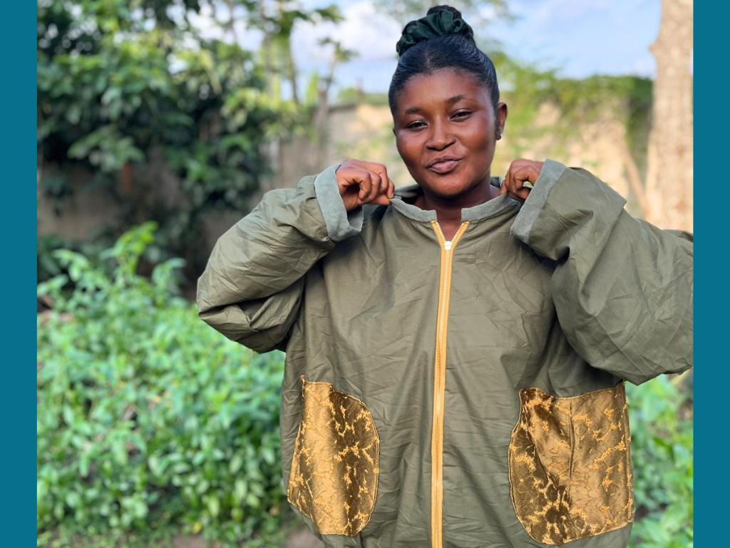 Green Bomber Jacket with Gold Sustainable Fashion Ghana Empowermentproject