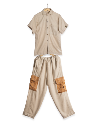 Sandstone two-piece, shirt and trousers with patch pockets
